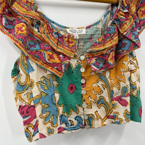 NWT Rachel Zoe Boho Floral Geometric Ruffled Flutter Shoulder Crop Top Sz M - Picture 2 of 6